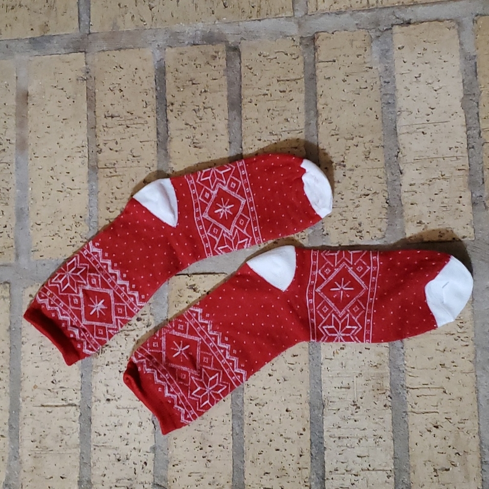 Red Socks with White Snowflake Design
